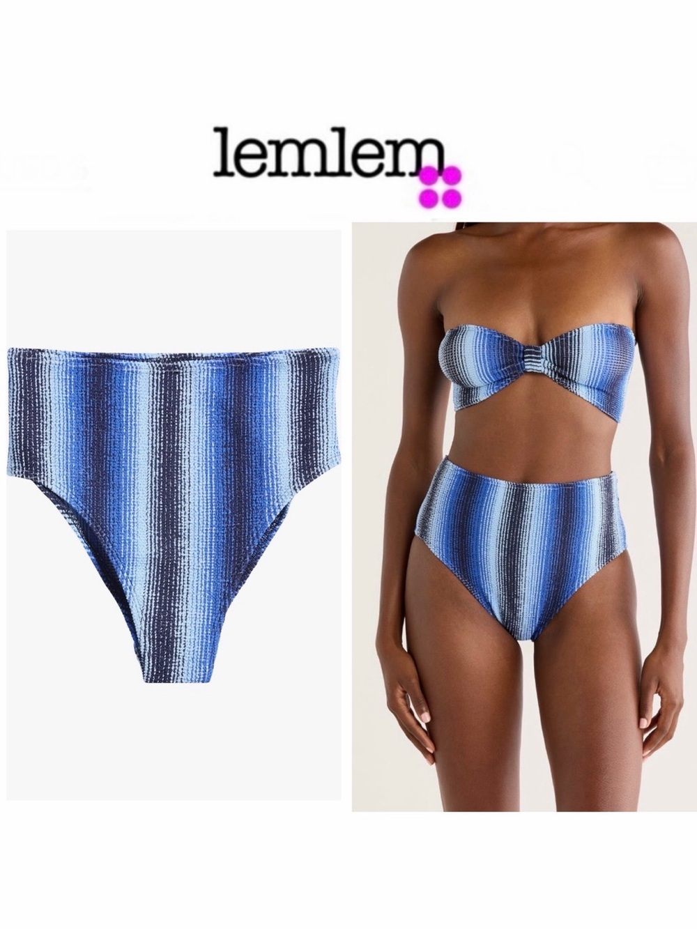 lemlem High Leg Blue Striped High-Waist Bikini Bottom M/L $125